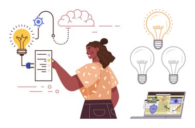 Ampuller fikirleri, dizüstü bilgisayarı, notları, vitesi ve bulutu temsil ederken kadın bir listeyi işaret ediyor. Yaratıcılık, yenilik, takım çalışması, eğitim stratejisi problem çözmede beyin fırtınası yapmak için ideal. Basit.