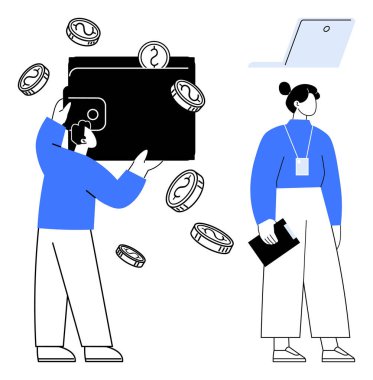 Düşen bozuk paralarla büyük cüzdan tutan bir adam, dizüstü bilgisayarın yanında pano tutan bir kadın. Para yönetimi, finans, tasarruf, işbirliği, iş, ofis işleri bütçesi için idealdir. Basit düz metafor