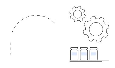 Üç şişe üretim hattını temsil ederken dişliler otomasyon sürecini simgeler. Üretim, otomasyon, üretim verimliliği, yenilik, mühendislik, iş akışı için ideal, basit iniş sayfası