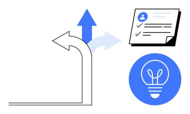 Farklı yönleri gösteren eğri oklar, tamamlanmış görevleri olan kontrol listesi belgesi, ampul simgesi. Karar verme, planlama, yaratıcılık, üretkenlik, strateji, kariyer büyümesi için ideal basit
