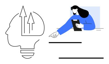 Elinde pano, ampul figürü, fikirleri ve büyümeyi temsil eden bir kadın. Yaratıcılık, liderlik, planlama, problem çözme, eğitim, takım çalışması, basit iniş sayfası için ideal