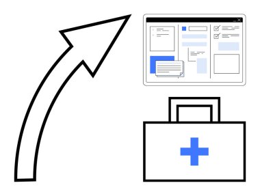 Tıbbi malzemeden dijital platform arayüzüne işaret eden ok çevrimiçi sağlık çözümlerine geçiş olduğunu gösteriyor. Sağlık hizmetleri yeniliği, teletıp, dijital araçlar ve teknoloji için ideal