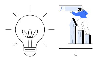Fikirleri sembolize eden ampul, arama çubuğuna tırmanan kişi. Yenilik, büyüme, başarı, araştırma, analitik, iş ve strateji temaları için idealdir. Basit düz metafor
