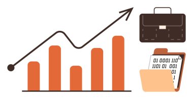 İlerlemeyi simgeleyen oklu ölçü çubuğu grafiği, işi simgeleyen evrak çantası ve rakamlı pano. Büyüme, iş, analitik, finans, planlama stratejisi için idealdir. Basit.