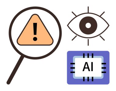 Uyarı simgesi, göz sembolü ve yapay zeka mikroçip risk değerlendirmesi, teknoloji denetimi ve yapay zeka güvenliği üzerine büyüteç. Yapay zeka geliştirme, siber güvenlik ve etik için ideal