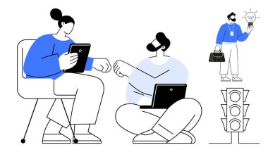 Dijital cihazlar kullanarak fikirleri tartışan iki iş arkadaşı, çantalı ve ampullü adam, trafik ışığı. Takım çalışması, beyin fırtınası, yenilik, verimlilik, işyeri verimliliği için ideal