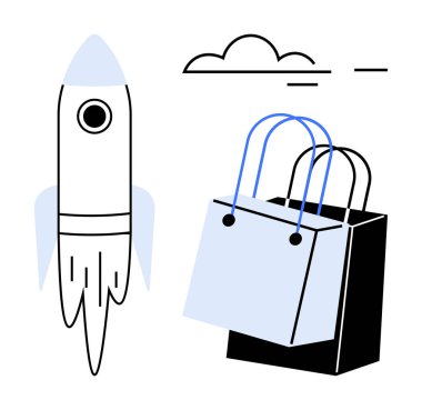 Bir bulutun altında alışveriş torbalarının yanında roket patladı. E-ticaret, hızlı dağıtım, çevrimiçi alışveriş, büyüme, yenilik, verimlilik, iş büyümesi için ideal. Soyut çizgi düz metafor