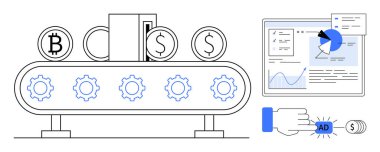 Para birimi simgeleri, dişliler, analitik gösterge paneli ve reklamlara tıklama ile taşıyıcı. Fintech, otomasyon, kripto para birimi, veri analizi, çevrimiçi pazarlama dijital ekonomi basit iniş sayfası için ideal