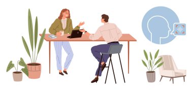 İki meslektaş bir masada konuşuyor, biri dizüstü bilgisayar kullanıyor, etrafı bitkilerle çevrili. Bir konuşma analizi konsepti öne sürüldü. Takım çalışması, iletişim, beyin fırtınası, teknoloji ve yapay zeka için ideal.