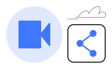 Mavi video kamera sembolü ve şebeke simgesi ile bulut arkaplanı paylaşımı. Medya, iletişim, işbirliği, dijital platformlar, dosya paylaşımı, ağ oluşturma, teknoloji araçları, basit iniş sayfası için ideal