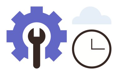 Onarım için ingiliz anahtarı, zamanı veya zamanlamayı sembolize eden saat, veri depolama için bulut anlamına gelen vites. Onarım, teknoloji, bakım, bulut hesaplama, sistemler, zaman yönetimi süreci için ideal