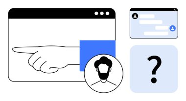 Bir tarayıcı arayüzünde el işaretleme, kullanıcı profili fotoğrafı, sohbet kutusu ve soru işareti. Kullanıcı rehberliği, yardım masası, iletişim, destek, etkileşim arayüzü basit iniş sayfası için ideal
