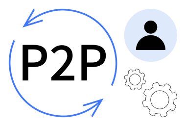 Dairesel oklu P2P metin, kullanıcı simgesi ve bağlantı, işbirliği, teknoloji, takım çalışması gösteren vitesler. Ağ oluşturma, iş kurma, yenilikçi iletişim büyümesi için ideal basit iniş