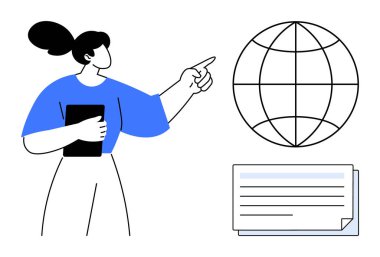 Bir belgenin yanındaki küreyi işaret ederken elinde tablet tutan kadın. Eğitim, takım çalışması, araştırma, teknoloji, küresel işbirliği, öğrenme ve yenilik için ideal. Basit düz metafor