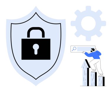 Siyah asma kilitli mavi kalkan, çark ve parmaklıkların üzerinde dururken arama çubuğunu gösteren kişi. Siber güvenlik, optimizasyon, gizlilik, araştırma, arama, strateji için ideal basit düz metafor