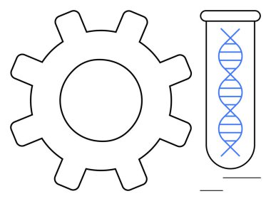 DNA sarmalı içeren bir test tüpünün yanında, teknoloji, yenilik, araştırma ve genetik kavramları gösteren bir vites. Biyoteknoloji, mühendislik, bilim, analiz sağlık hizmetleri yeniliği için ideal