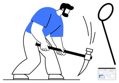 Kazma kullanan bir adam, sıkı çalışma ve kararlılık için çarpıcı bir metafor. Üretkenlik, esneklik, mücadele, el emeği, güç, problem çözme takım çalışması için idealdir. Basit düz metafor.