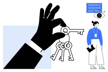 Siyah el ele tutuşan anahtarlar, dijital ikili kodlar, gözlemleyen göz, elinde pano olan kişi. Veri güvenliği, erişim kontrolü, siber güvenlik, dijital mahremiyet, bilgi yönetimi için ideal