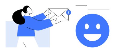 Tebligat rozeti olan bir zarfa uzanan bir kadın, yanında da gülümseyen bir duygu. İletişim, e-posta, mesaj, bildirim, bağlantı, dijital etkileşim, basit iniş için ideal