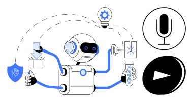 Çoklu silah güvenliğine sahip robot dosyaları indiriyor, DNA 'yı, ampulü ve mikrofonu analiz ediyor. Yapay zeka, otomasyon, robot bilimi, yenilik teknolojisi için ideal. Basit iniş sayfası.