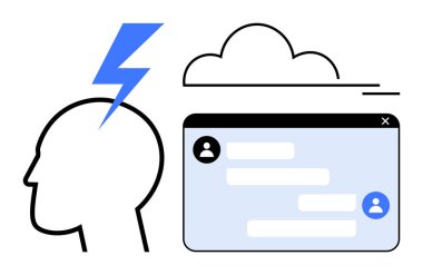 İçinde yıldırım, bulut ve diyalog kutuları olan sohbet penceresi olan bir kafa tasviri. Takım çalışması, yenilik, iletişim, beyin fırtınası, bulut teknolojisi, çevrimiçi etkileşim için ideal basit iniş