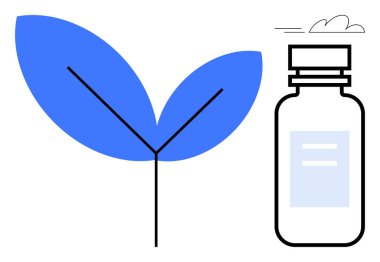 Büyük mavi yaprak, doğada ve sağlıkta uyum sağlayan minimum ilaç şişesi tasarımı ile eşleştirildi. Sağlık için ideal, bitkisel tedavi, alternatif tıp, çevre dostu ürün, sağlık farkındalığı