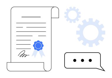 Mavi kurdeleli imzalı sertifika, minimalist vitesler, ve işbirliği, tanınma, başarı, gelişme, yasal anlaşma, iletişim, yapılandırılmış iş akışını gösteren bir konuşma balonu.