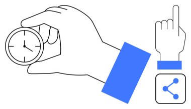 El ele tutuşan saat zamanı simgeler, işaret eden parmak hareketi simgeler ve ikon paylaşımı bağlantıyı iletir. Üretkenlik, planlama, işbirliği, verimlilik, takım çalışması, zaman basit iniş için ideal