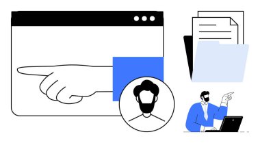 Tarayıcıdaki görevi, kullanıcı profili simgesini, belge yığınını ve masadaki kişiyi elle işaret ederek. Proje yönetimi, kullanıcı deneyimi, üretkenlik, iş akışı, iş stratejisi navigasyonu için ideal dijital