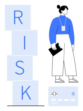 Mavi elbiseli bir kadın kredi kartı görüntülü RISK bloklarını analiz ediyor. Finansal riskleri, karar analizlerini ve değerlendirmeleri vurguluyor. Finans, risk yönetimi, iş stratejisi ve uyarı için ideal