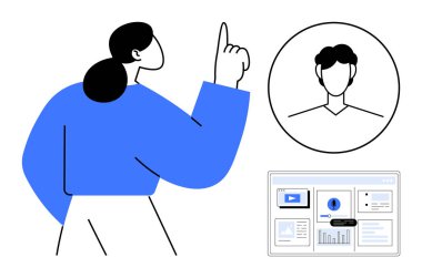 Kadın, kullanıcı profiline ve grafik ve çizelgelerle birlikte analitik panele doğru hareket ediyor. Dijital kimlik, pazarlama, kullanıcı araştırması, iletişim, veri analizi, takım çalışması, basit düz