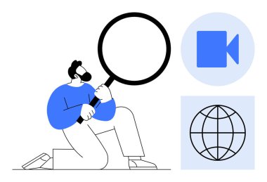 Büyüteç araması yapan bir adam, artı video ikonu ve küre. Araştırma, keşif, çevrimiçi öğrenme, küresel bağlantı, teknoloji, sanal toplantılar, basit düz metafor