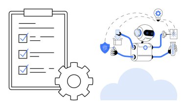 Robot kontrol listesi, matara, kalkan ve teçhizat ile bir buluta bağlanıyor. Otomasyon, teknoloji, yapay zeka yönetimi yenilik veri organizasyonu dijital verimlilik için idealdir. Basit.