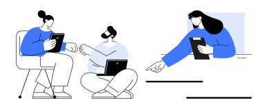 Tabletler üzerinde işbirliği yapan iki profesyonel, biri oturan ve bacak bacak bacak üstüne atmış, üçüncüsü de işlerine işaret ediyor. Takım çalışması, iletişim, rehberlik, teknoloji ve eğitim için ideal