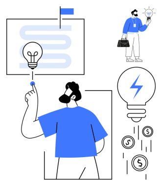 Adam ampulü aktifleştiriyor, bozuk paralar fikrin altında, arka planda akış şeması, başka bir figür tutma fikri. Yenilik, yaratıcılık, iş, başarı, girişim stratejisi beyin fırtınası için ideal