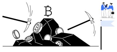 Kazmalar sert kayalara çarparak Bitcoin logosunun altına madeni paralar bırakıyor. Yakınlarda eşyalar değiş tokuş ediliyor. Kripto para birimi, madencilik süreci, yatırım, blok zinciri, dijital ekonomi ve teknoloji için ideal