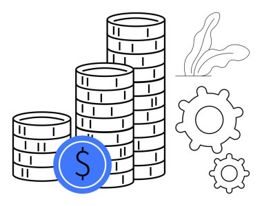 Birikmiş paralar zenginlik büyüme dişlilerinin operasyonel verimliliği ve planlamayı sembolize ettiğini vurgular. Finans, yatırım, strateji, tasarruf, girişimcilik, ekonomik büyüme, bütçe yönetimi için ideal