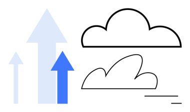 Yukarıya bakan oklar büyümeyi, başarıyı, analitiği, yeniliği, teknolojiyi, ölçeklenebilirliği ve stratejiyi sembolize ediyor. İş için ideal, girişimlerin hedefi dijital kurmak