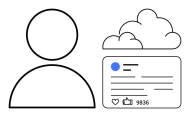 Profil detayları, bağlama ölçümleri ve veri veya bağlantıyı simgeleyen bulutlar içeren en düşük kullanıcı silueti. Sosyal medya, ağ, bağlantı, çevrimiçi kimlik, iletişim, ilişki için ideal