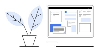 Basit bir saksı bitkisinin yanında görev yönetimi araçlarıyla bilgisayar ekranı. Üretim, organizasyon, dijital çalışma, çalışma alanı dengesi, görev yönetimi, minimalizm ve modern iş akışı için ideal