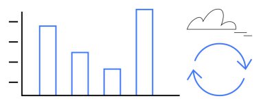 Veri büyümesini gösteren çubuk çizelgesi, döngüsel süreci simgeleyen dairesel oklar, yenilik için bir bulut. İlerleme, analiz, strateji, tahmin, sürdürülebilirlik, büyüme yeniliği için ideal