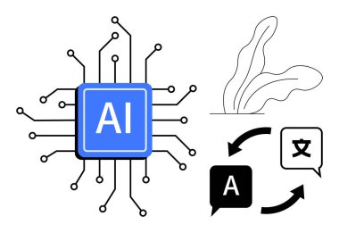 Devre çizgileri, dil çeviri baloncukları ve organik bitki şekilli merkezi yapay zeka çipi. Yapay zeka, teknoloji, çok dilli iletişim, küreselleşme ve yenilik için ideal