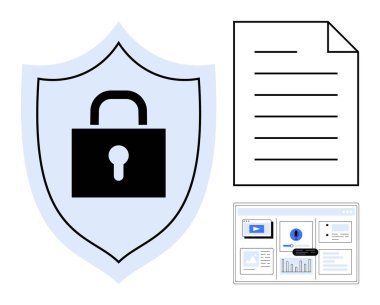 Kilitli kalkan, güvenlik belgesini vurgular. Web sayfası çevrimiçi varlığı ifade eder. Siber güvenlik, veri koruması, çevrimiçi mahremiyet, uyum, şifreleme, güvenli dosyalar için ideal