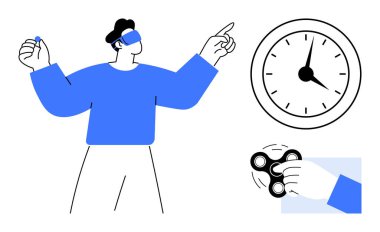 Sanal saate doğrultulmuş VR kulaklık takan ve titrek bir fırıldak tutan, odaklanma ve zaman dengesini gösteren biri. Teknoloji, oyun, farkındalık, verimlilik, zaman yönetimi için ideal