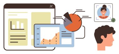 Analitik gösterge paneli, çizelgeler, grafikler ve ölçümler biyometrik kimlik doğrulama ve kullanıcı profili doğrulamasıyla eşleştirildi. Teknoloji, analitik, siber güvenlik, iş, UIUX, makine için ideal