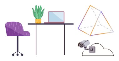 Ofis masasında dizüstü bilgisayarı, sandalyesi ve bitkisi soyut 3D geometrik şekli ve bulut bağlantılı güvenlik kamerası yanında. Modern iş, yaratıcılık, dijital güvenlik, ofis, uzak çalışma, geometri için ideal