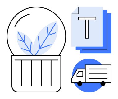 Bir kubbenin içindeki yaprak çevre dostluğunu, istiflenmiş belgeleri ve bir teslimat kamyonu ikonunu simgeliyor. Sürdürülebilirlik, geri dönüşüm, lojistik, eko-ticaret, ulaştırma sistemleri ve yeşil ambalaj için ideal