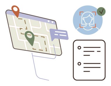 Konum belirleyicilerle dijital harita arayüzü, onaylı yüz tanıma simgesi ve belge taslağı. Teknoloji, navigasyon, güvenlik, doğrulama, iletişim, organizasyon için ideal
