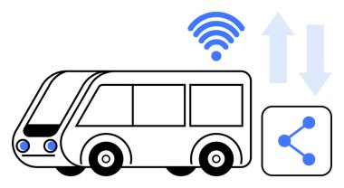 Kablosuz sinyali, yükleme okları ve ağ paylaşım simgesine sahip modern bir otobüs. Taşınabilirlik yeniliği, toplu taşıma, IOT, veri değişimi, bağlantı, akıllı şehir sade iniş sayfası için ideal
