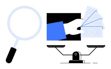 Büyüteç, ekrandan para uzatma ve finansal araştırmayı, işlem güvenliğini, çevrimiçi ödemeleri, maliyet değerlendirmesini, dijital güveni, adil ticareti, basit daireyi sembolize eden denge terazileri.